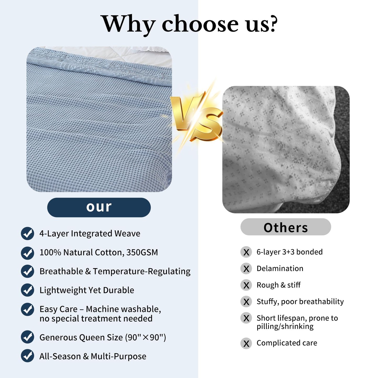 7ya Bedding 100% Cotton Blanket Queen Size 90x90 Inch 350GSM Lightweight Soft and Breathable Thermal Blanket for All Seasons Smoke Gray