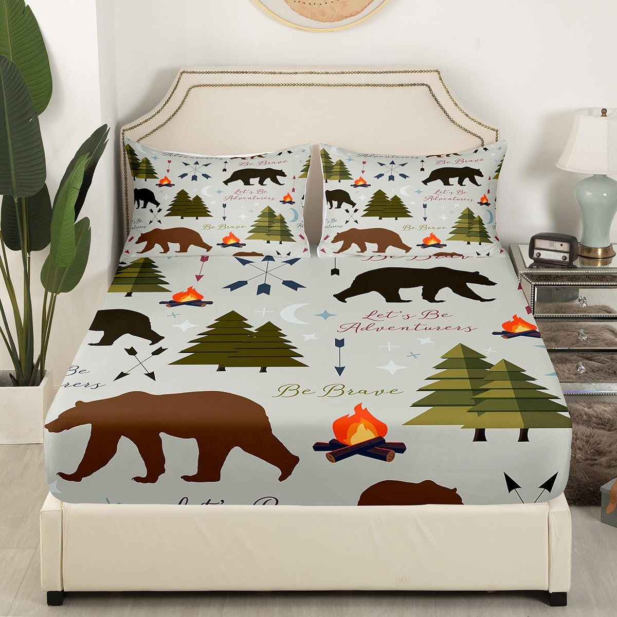 Homewish Happy Camping Fitted Sheet Twin Size Hunt Bear Pine Trees Bedding Set for Kids Boys Men Adults Cabin Room Decor Campfire Arrow Cartoon Bed Sheet Wild Outdoor Adventure Deep Pocket Sheet 2pcs