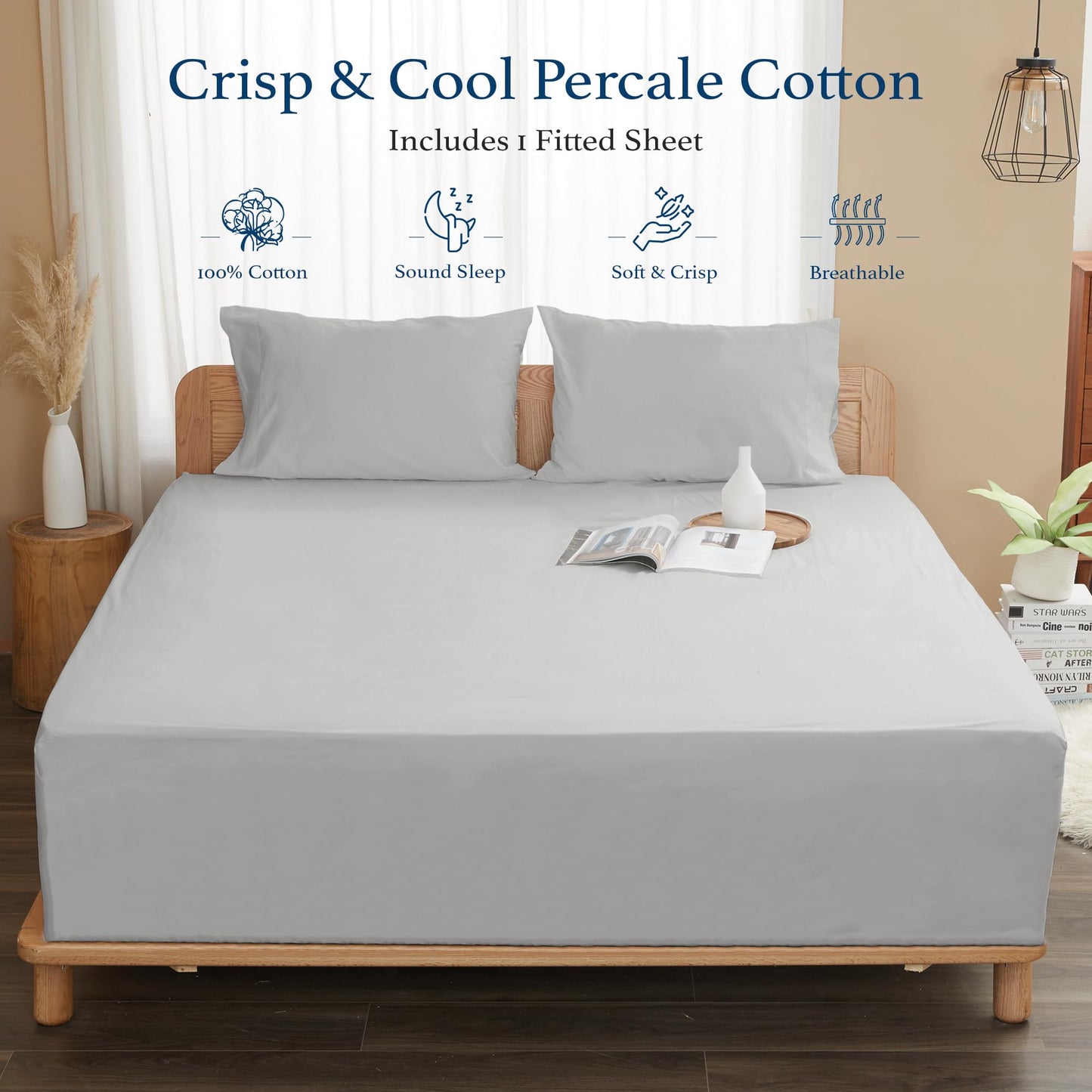 HOMTEC 100% Cotton Percale Fitted Sheet California King Size, 8-15" Deep Pocket Cooling Bottom Sheet, Breathable Soft & Crisp Fitted Sheet Only with 4 Corner Straps (Cal King, Light Gray)