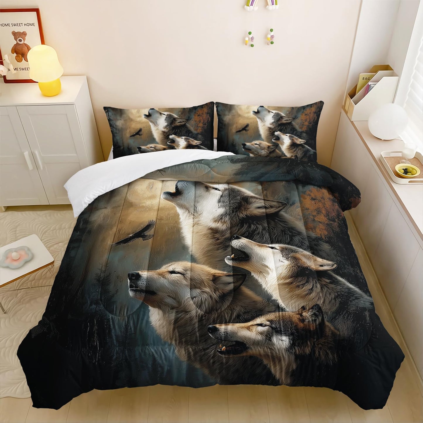 lneffble Wolf Comforter Set Twin for Kids Boys Girls,Howling Wolves Comforter Set,Eagle and Wolf Night Moon Forest Bedding Set, Wild Animals Quilt Set for Bedroom Decor,All Seasons
