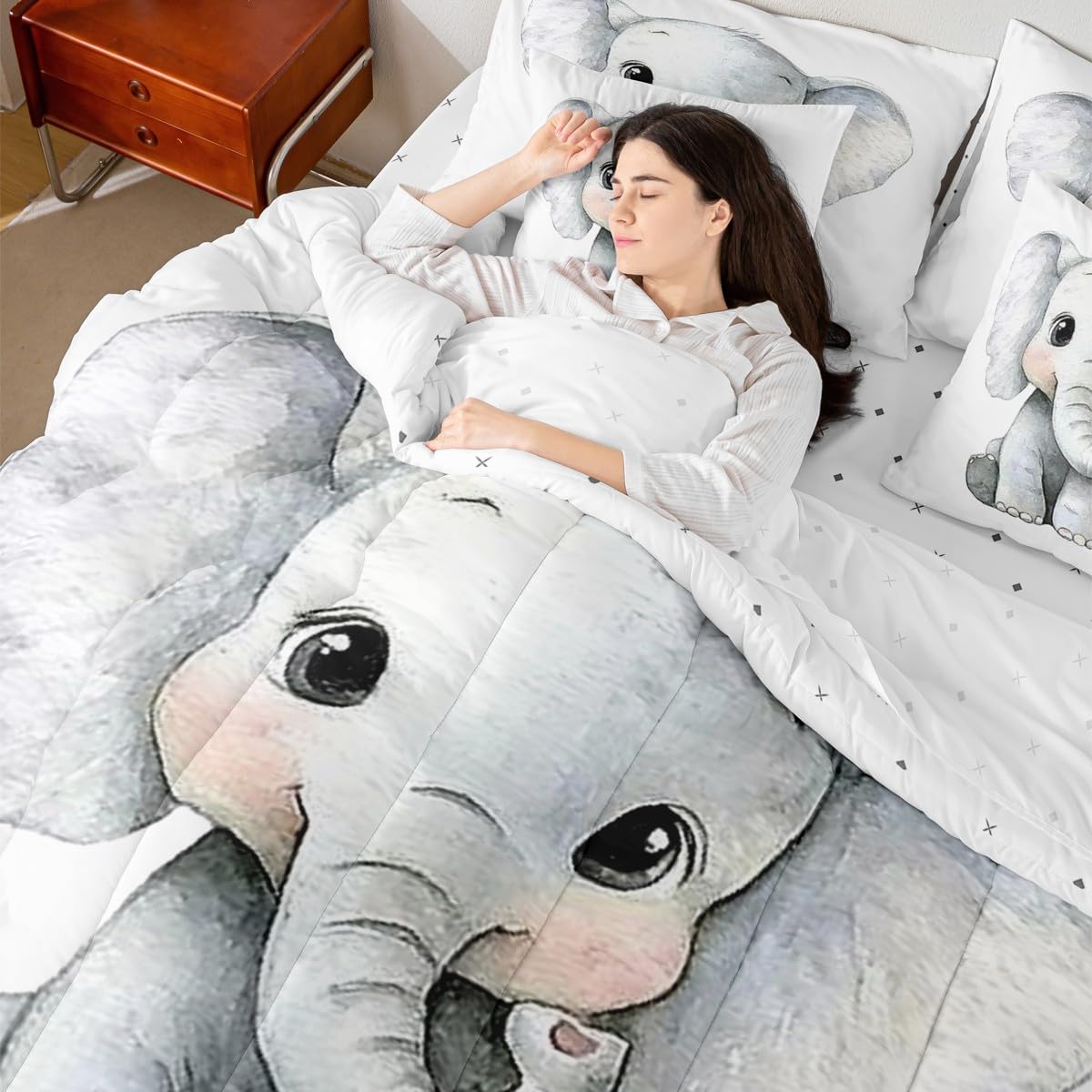 Erosebridal Kawaii Elephant Twin Size Comforter Set with Sheets Kids | African Jungle Animal 7-Piece Bedding Set Tropical Forest Wildlife Pattern Bed in a Bag Cartoon Wild Safari Animal Bed Quilt Sets