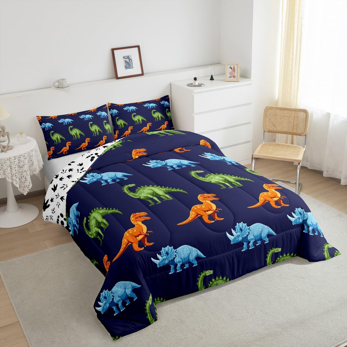 Cartoon Dinosaur Bedding Set Full, Dark Blue Dinosaur Comforter Set for Kids Dinosaurs Print Comforter Boys Girls Jungle Dino Duvet Set Breathable Bedroom Decor with 2 Pillow Case