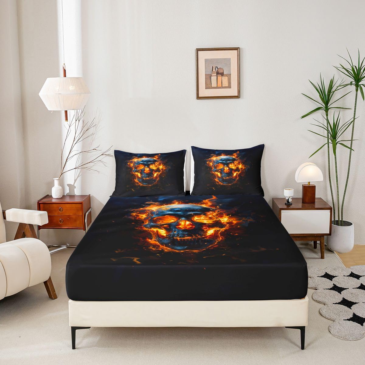 Feelyou Sugar Skull Bed Sheets Set Full Size Halloween Themed Deep Pocket Fitted Sheet Flame Bedding Sets Goth Soft Bed Set 4Pcs with 2 Pillow Cases Cemetery