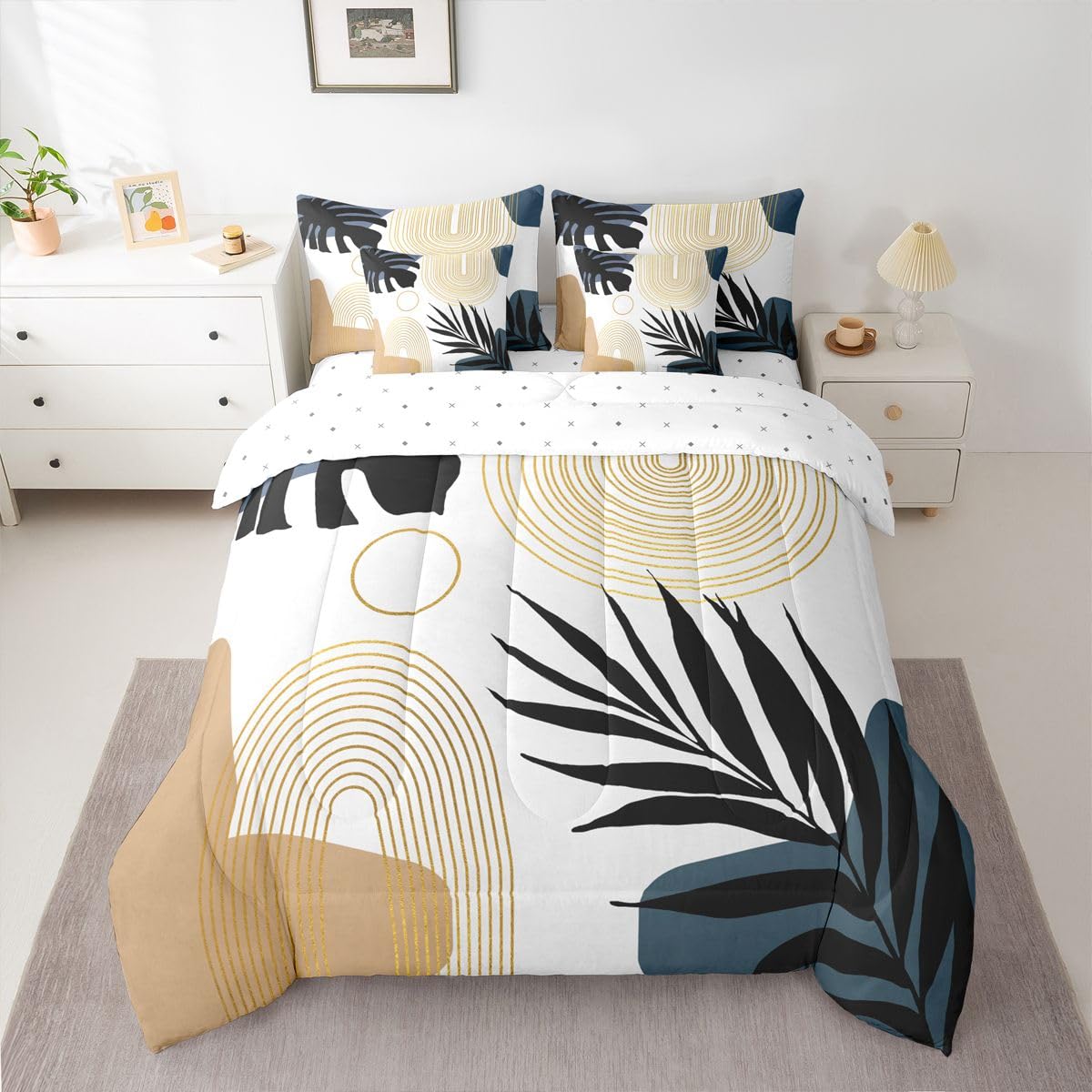 Erosebridal Abstract Tropical Full Comforter Set with Sheets, Chic Boho Plant Palm Leaf 7 Pcs Bedding Set, Bohemian Mid Century Simple Minimalist Bed in A Bag, Modern Geometric Aesthetic Bed Sets