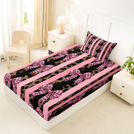 jejeloiu Brown Leopard Bow Fitted Sheet with 1 Pillowcase Twin Size Leopard Fur Print Bed Sheets Set 16" Deep Pocket Boys Girls Striped Coquette Bow Bedding Teens Bedroom Decor Breathable