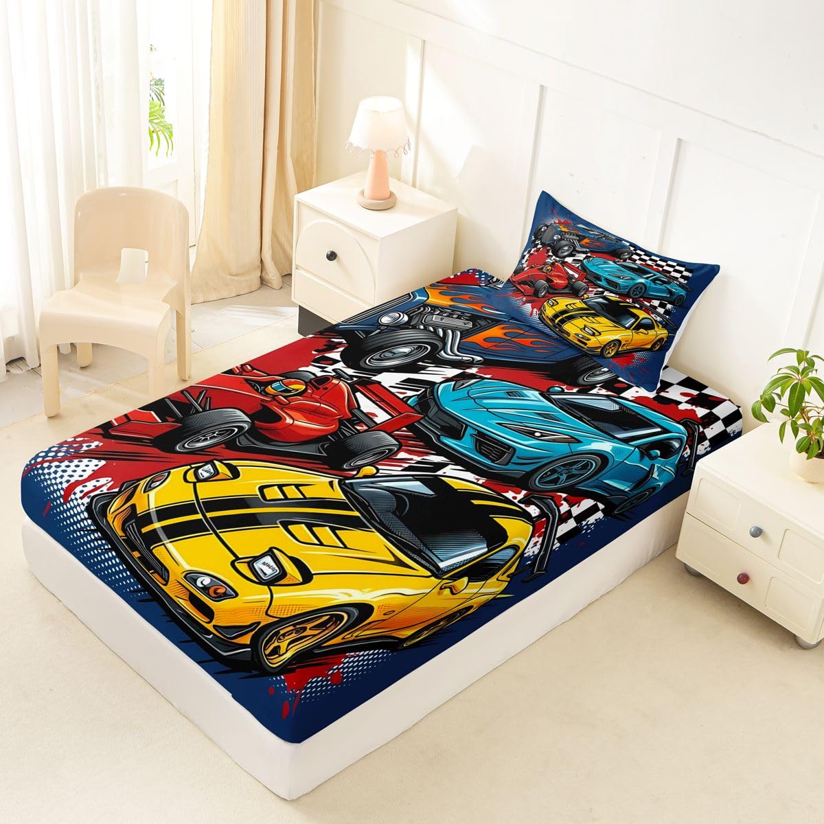 Feelyou Boys Race Car Fitted Sheet Twin Size for Kids Boys Girls Speed Sports Car Bed Sheets Set 16" Deep Pocket Soft Breathable Extreme Sports Bedding with 1 Pillowcase Automobile Room Decor