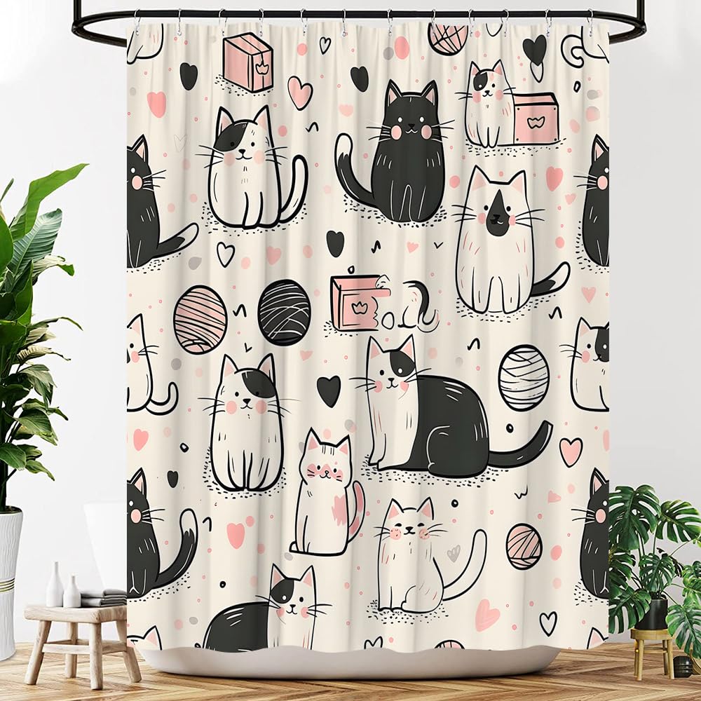 YOZSLGU Funny Abstract Cat Shower Curtain Cute Kitty Kitten Cartoon Fabric Bathroom Decor Curtains Set with Hooks, 70" Wx70 H