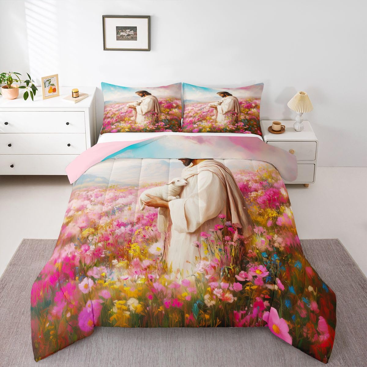 Manfei God and Lamb Kids Comforter Set Twin Size,The Lost Lamb Western Flowers Bedding Set Boys Girls Room Decor,Belief Spiritual Artwork Quilt Comforter,Pink Duvet Set Bedroom Quilt Set,1 Pillowcase