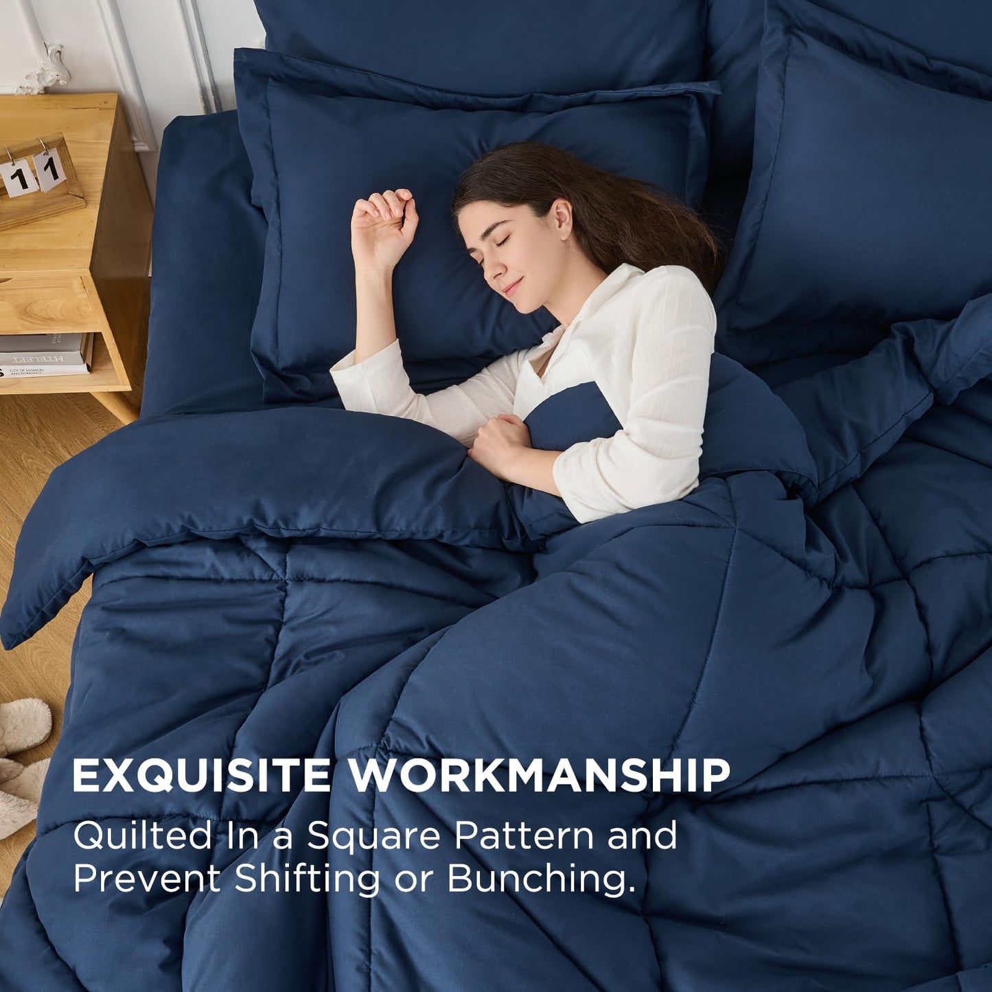 Baskbed 7 Pieces Queen Comforter Set - Utral Soft Microfiber Bedding Set, Thick Duvet Insert Bed in a Bag Without Rustling Noise for All Season, Navy (88"x88")