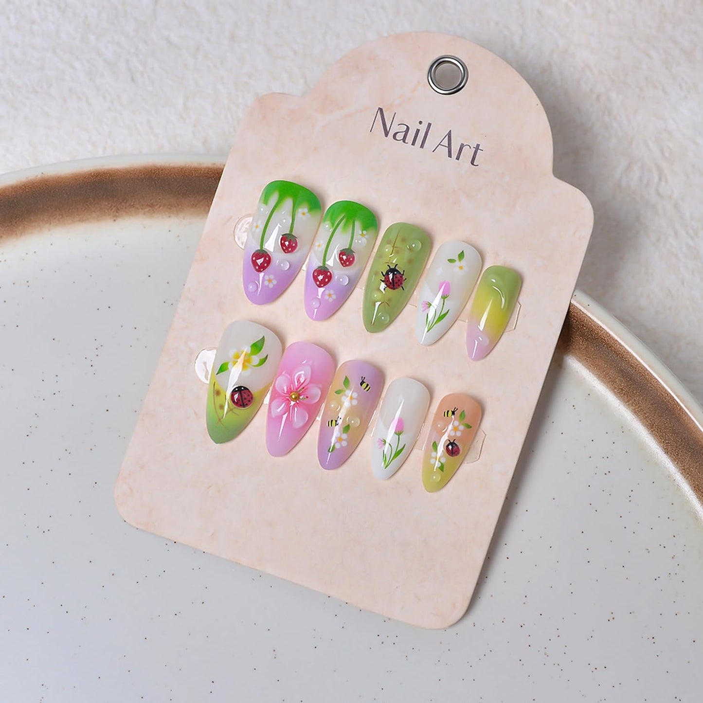 24Pcs Summer Flower Press on Nails Medium Kit Colorful - 3D Ladybug, Strawberry Flower, French Almond-Shaped False Nails Spring Summer Nail Art Handmade Stick on Nails for Women