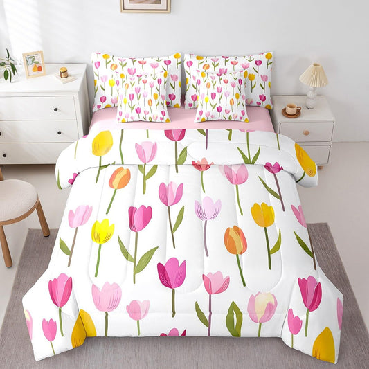 Erosebridal Tulips King Comforter Set 7 Piece for Kids Teen Women,Pink Yellow Tulips Flowers Bedding Set,Spring Summer Plants Floral Bed in A Bag Romantic Watercolor Botanical Bed Set