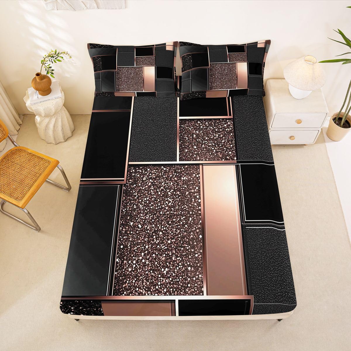 Feelyou Modern Abstract Bed Sheets Sets Queen Size Kids Boys Girls Orange Geometric Bedding Set Metallic Print Geometric Bed Sheet Set with 16-Inch Deep Pockets 4Pcs with 2 Pillow Cases