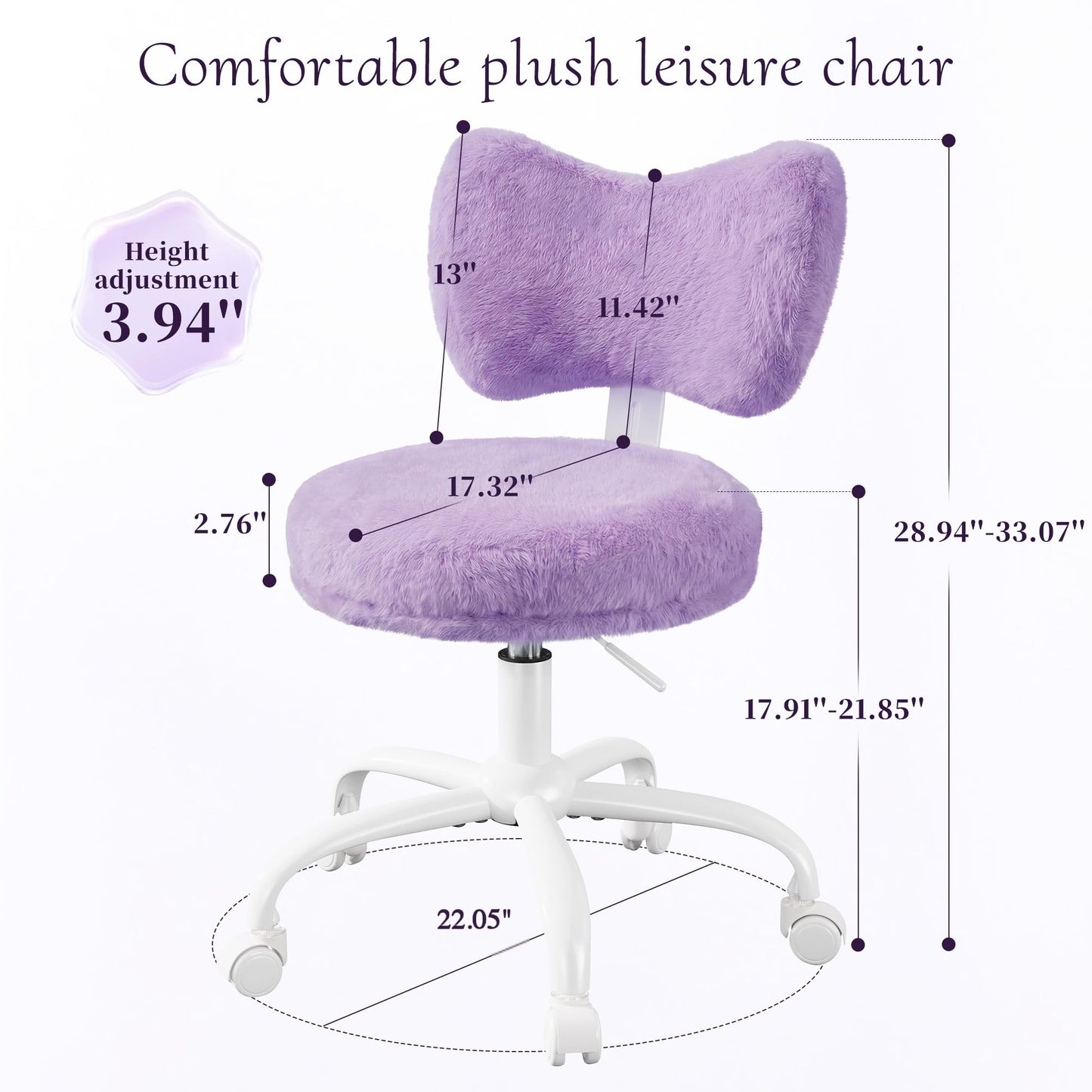 Homkdom Vanity Chair with Wheels, Cute Desk Chair with Bow Backrest, Fluffy Faux Rabbit Fur Small Office Chair for Vanity, Make-up Room, Bedroom, Dorm, Height Adjustable, Purple
