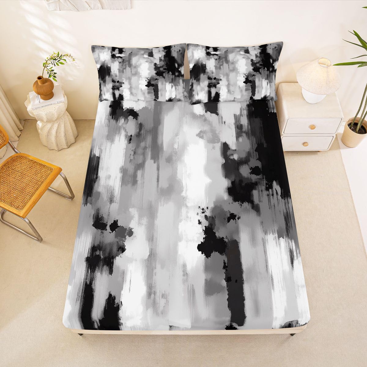 Feelyou Abstract Fitted Sheet Queen Size for Kids Boys Girls Modern Abstract Bed Sheets Set 16" Deep Pocket Soft Breathable Microfiber Blck White Bedding with 2 Pillowcases Room Decor