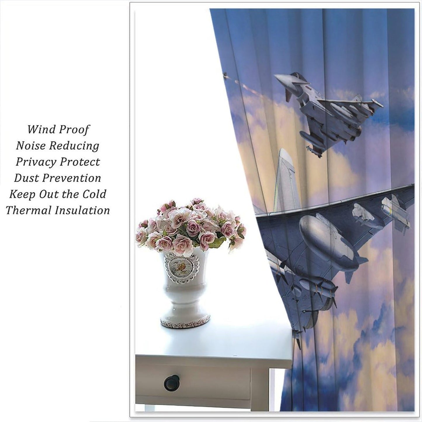 VUMIVI Fighter Jet Curtains European Combat Aircraft Typhoon Rafale Soaring 3D Close-Up Military Theme Rod Pocket Window Treatments for Boys Bedroom Kitchen Living Dining Room Office 42" W X 44.5" L