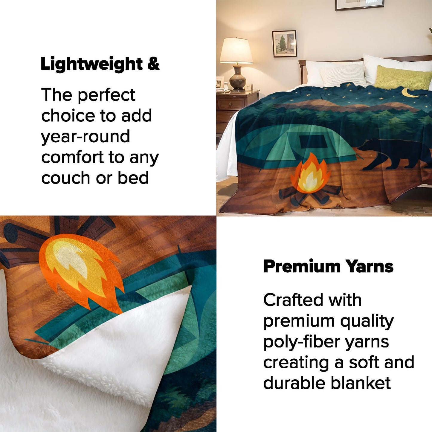 Turamurra Camping Night Forest Throw Blanket Gifts for Kids Women, Bear Campfire Mountain Wilderness Blankets for Home, Living Room, Bedroom Decor, Flannel Plush 50"x60"