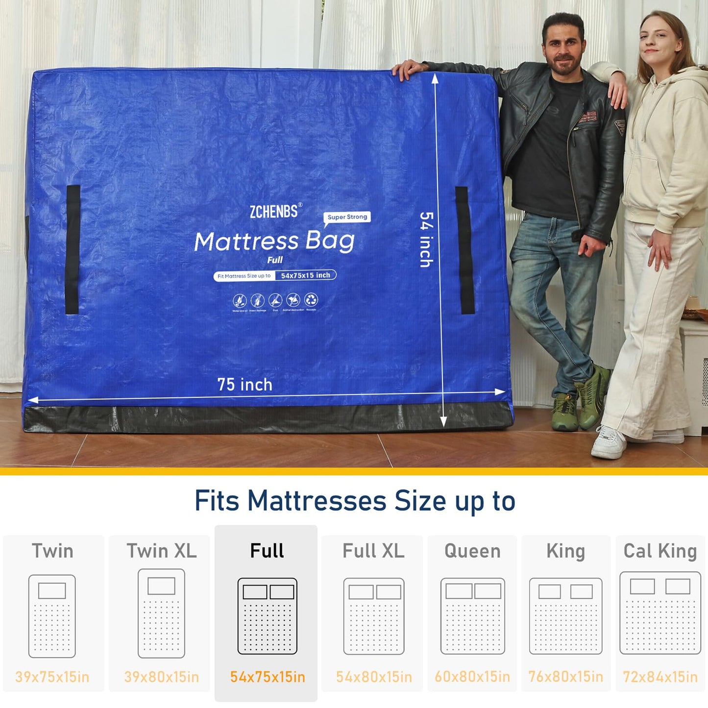 ZCHENBS Mattress Bags for Moving, Full Mattress Storage Bag with Handles and Zipper, Waterproof Heavy Duty Drag-Resistant Reusable Mattress Protector Cover for Moving, Blue, Full