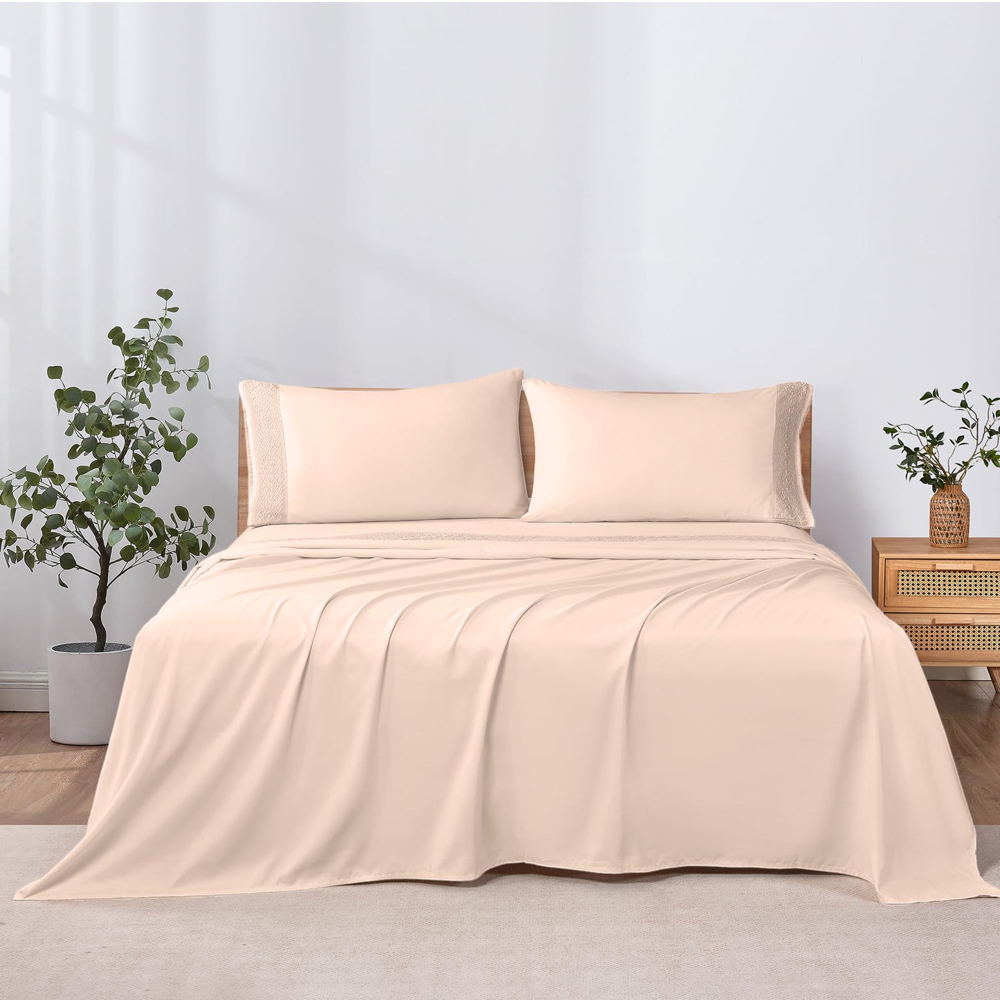 Modern Threads 4 Piece Microfiber Sheet Set – Soft Cooling Bed Sheets with Crochet Lace – Deep Pocket, Wrinkle Free, Breathable, Hotel Luxury Bedding, Blush Pink, Queen