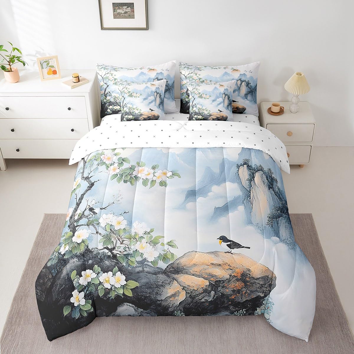 Feelyou Kids Cute Sparrow 7 Pieces Bedding Set Queen Size, Nature Spring Bed in A Bag Boys Girls Floral Botanical Comforter Set with Sheets Smoky Mountain Teens Bed Set Bedroom Decor 7Pcs