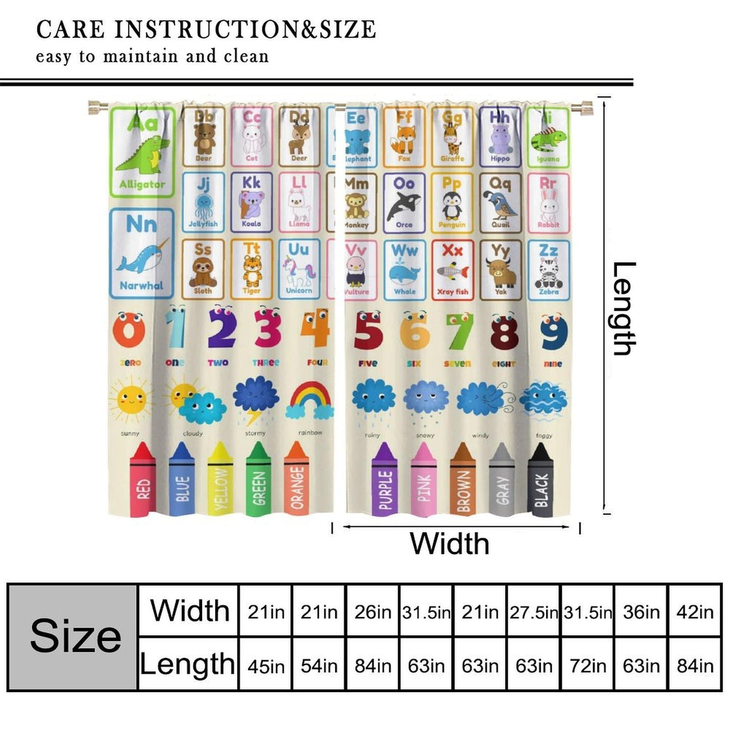 AAVEUP Alphabet Education Curtains, Cartoon Animal Alphanumeric ABC Color Learning Pencils Windows Treatments Drapes for Kids Baby Nursery Children Toddler Bedroom 42x45in（No Blackout）