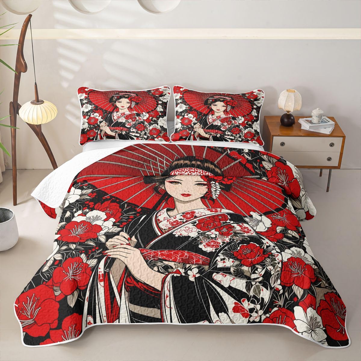Erosebridal Japanese Geisha Quilts Twin Size - Japanese Flowers Bedspread Coverlet Set, Artistic Japan Quilt Coverlets 2Pcs (Only 1 Pillowcase)