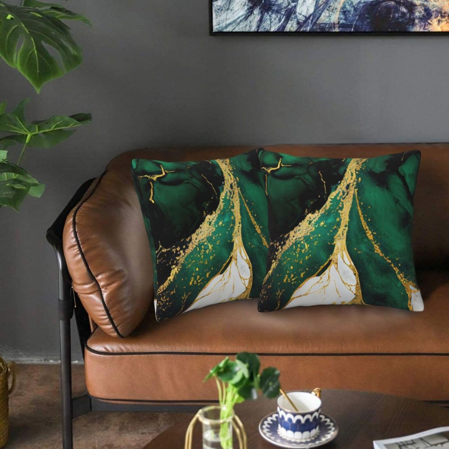 Lcokin Emerald Green and Gold Throw Pillow Cover 18x18 in Set of 2 Marble Cushion Modern Farmhouse Pillow Covers Soft Pillow Cases for Couch Sofa Bedroom Home Decor