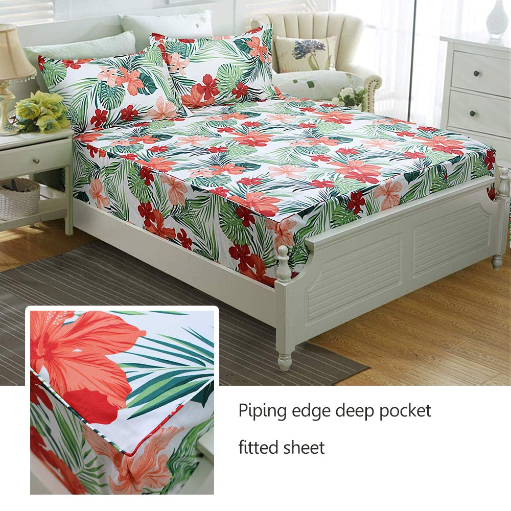 FADFAY Green Floral Sheets Queen Size 100% Cotton Floral Bed Sheet Ultra Soft Tropical Bedding Banana Palm Leaves Top Sheet Hawaiian Deep Pocket Fitted Sheet 4-Pieces