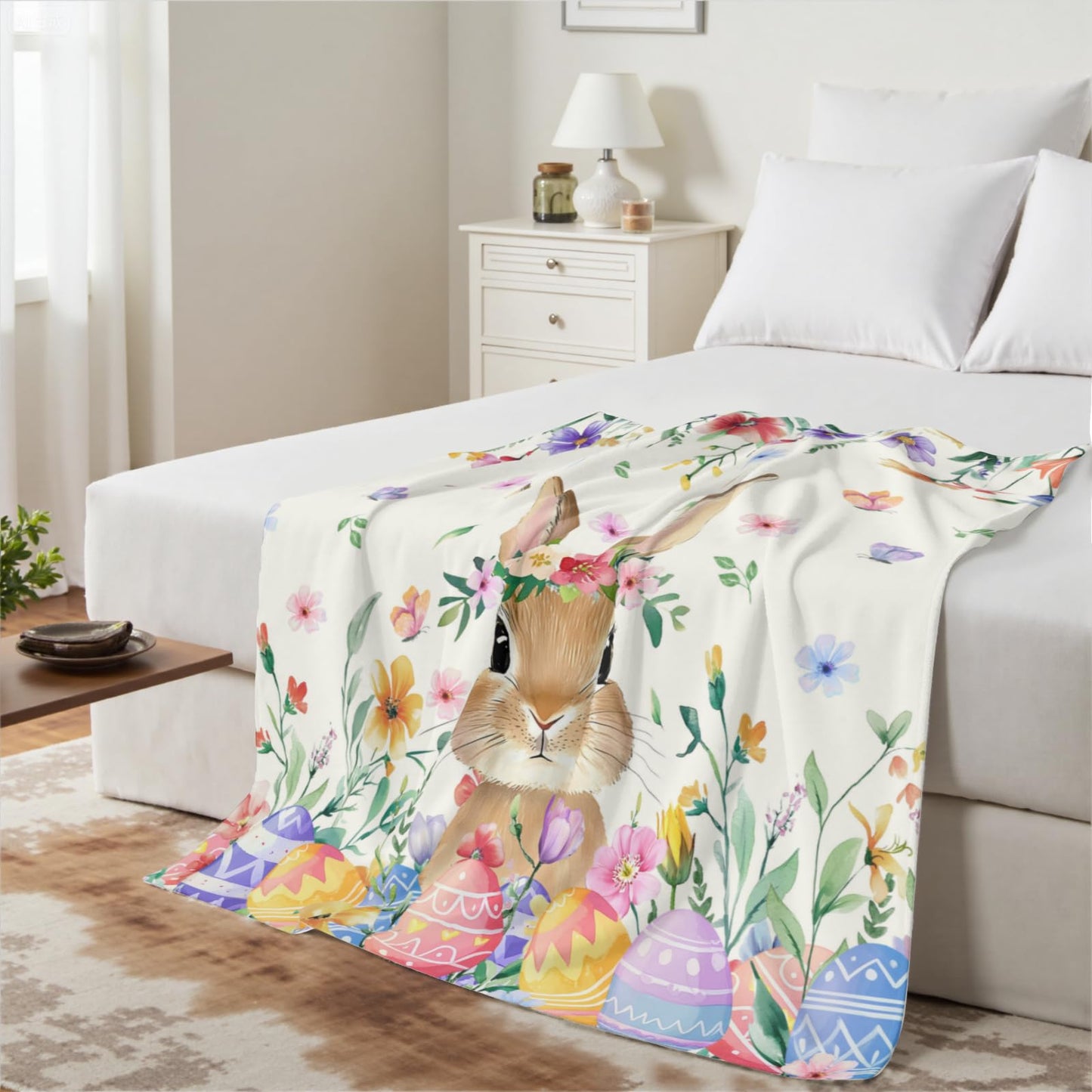 Arktrident Easter Rabbit Throw Blanket Spring Flower Soft Cozy Bed Blankets Plush Fuzzy Warm Lightweight Fleece Blankets for Couch Sofa Gifts 50"X60"