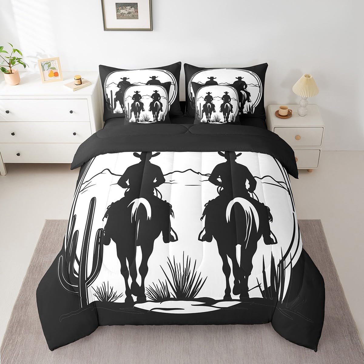 jejeloiu Western Decor Comforter Set with Sheets Twin Size Kids West Cowboy Horse 7 Pieces Bedding Set Boys Girls Teens Black White Bed in a Bag Breathable Rodeo Cowboy Cactus Bed Set Room Decor