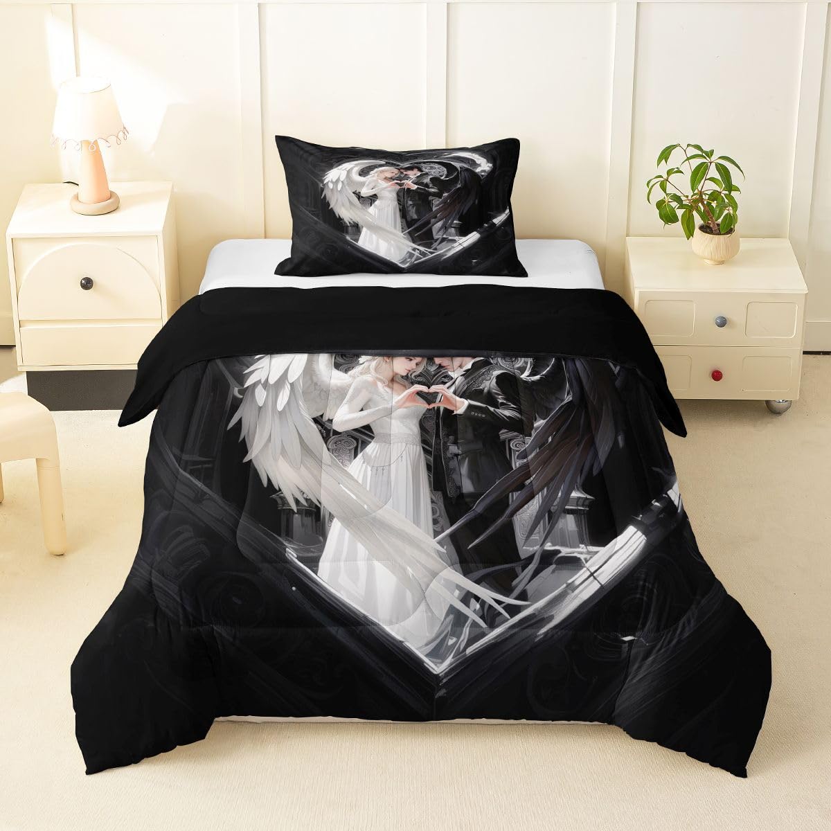 Erosebridal Angel Wings Kids Bedding | Black and White Angel Twin Comforter Sets,Romance Love Comforter Princess Fairy Style Duvet Insert with 1 Pillow Case
