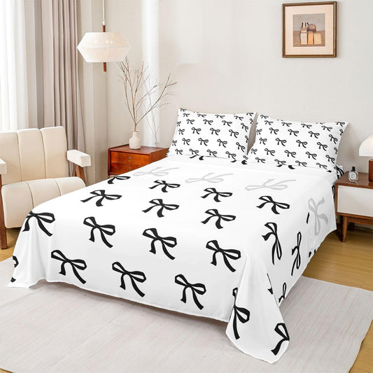 Castle Fairy Black Bow Sheet Set Cartoon Bowknot Modern Romantic Bedding Set Girlish Cute Bed Sheets Teens Room Decor Black White 1 Soft Polyester (Twin Flat & Fitted Sheet with 1 Pillow Case)