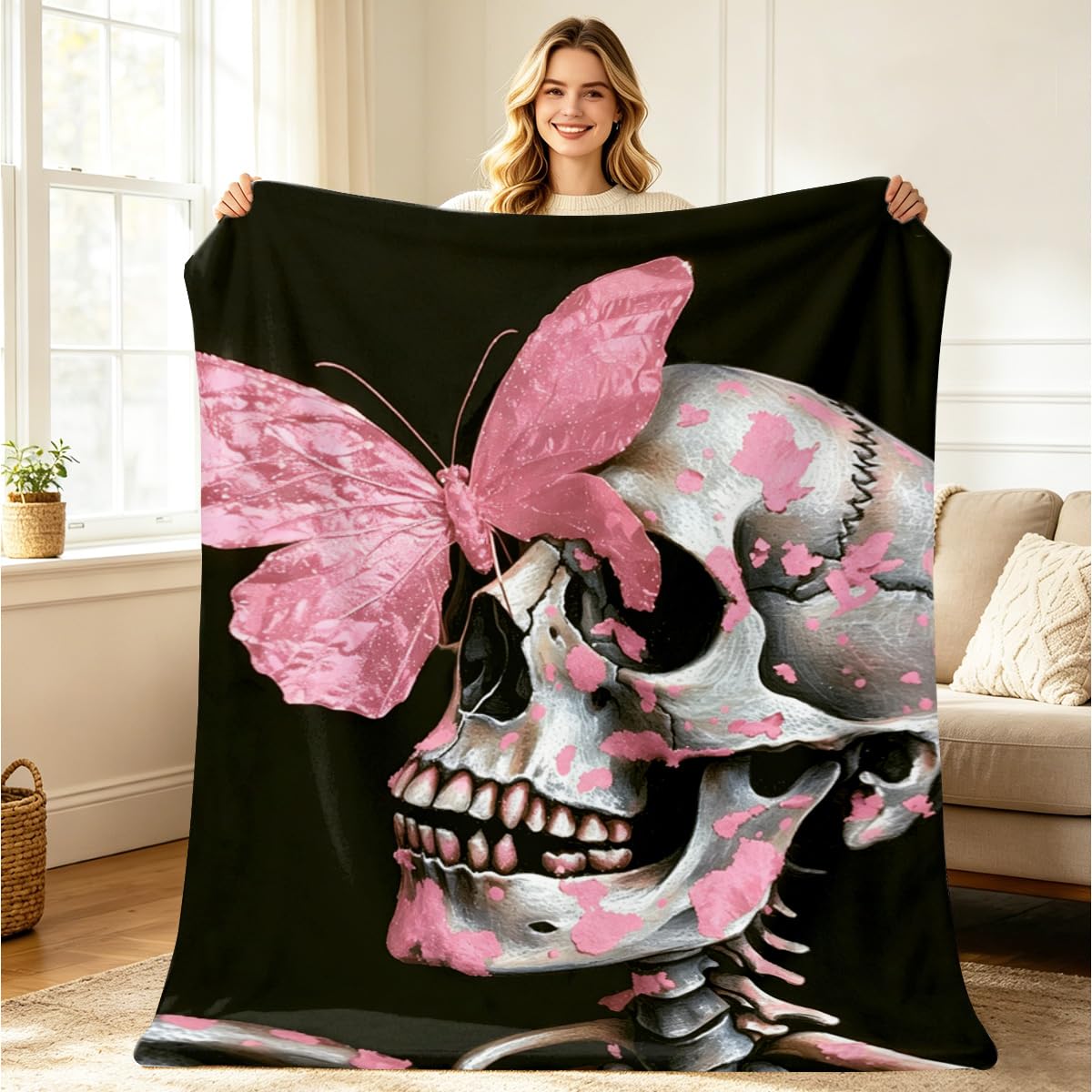 HUNXIAOJ Skull Butterfly Blanket Gifts Pink Gothic Decor Butterfly Skeleton Throw Blanket Soft Flannel Skull Bedding for Couch Bed Living Room Home Halloween Decor 49"x59"