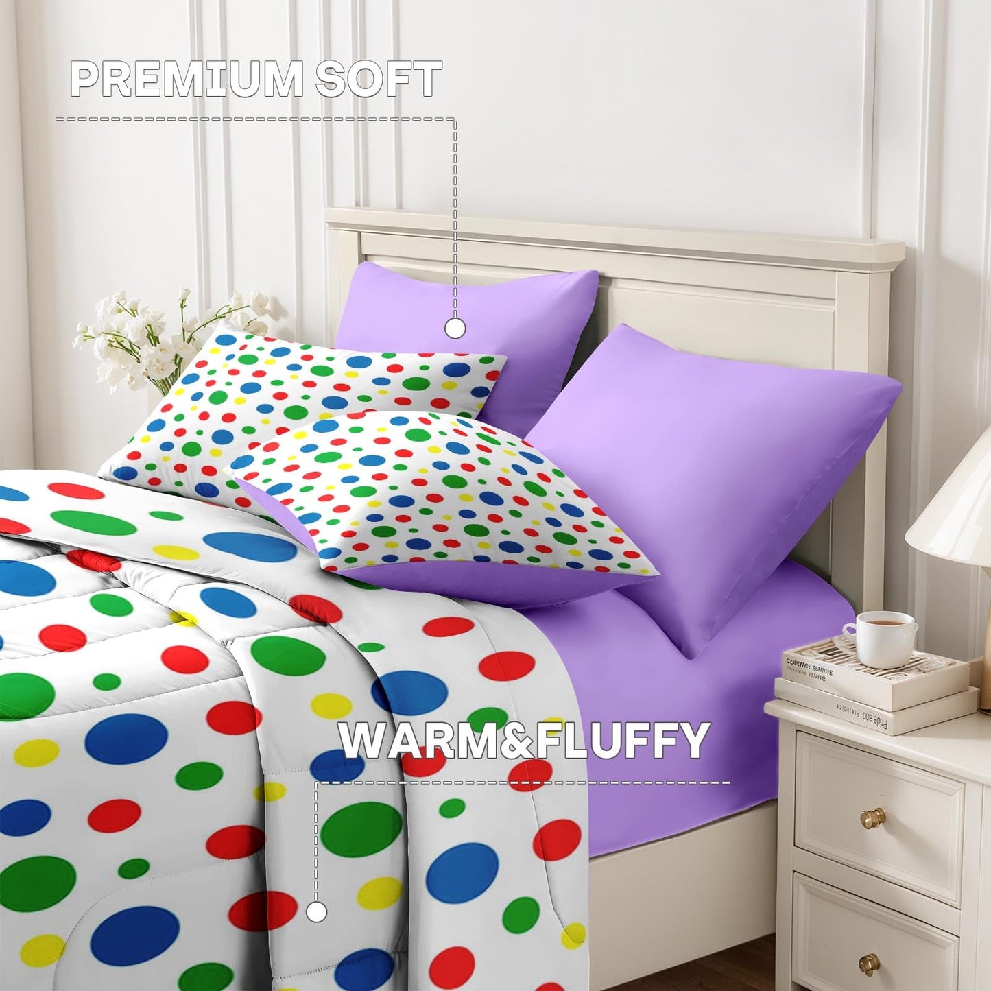 Nesker Comforter Set Queen Size, Rainbow Green Red 7 Pcs Bedding for Kids and Adults, Blue Yellow Polka Dot Bed Sheet Sets with Fitted Sheet 2 Pillowcases & 2 Shams