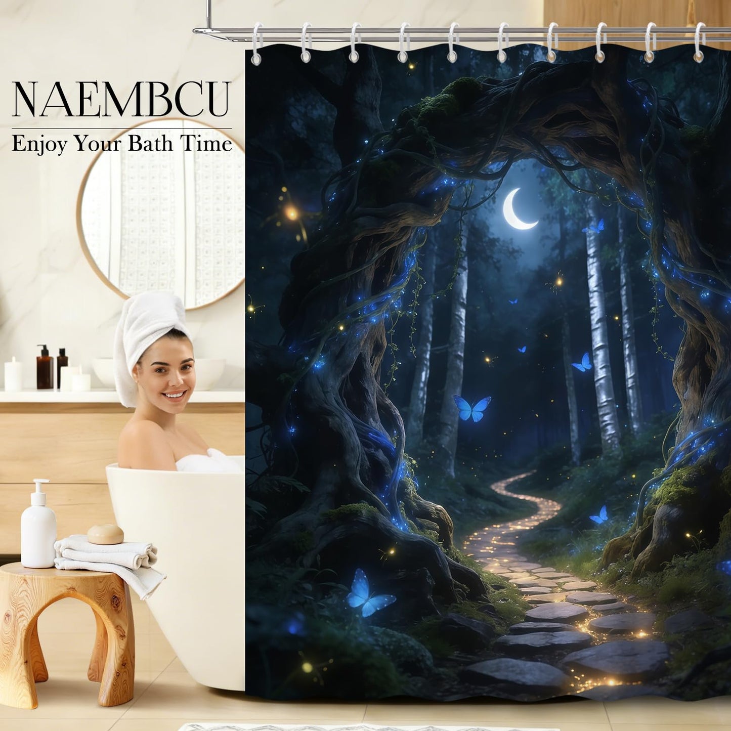 NAEMBCU Enchanted Forest Shower Curtain with Hooks - 72x72 Inch Waterproof Fabric Bathroom Curtain with Moonlit Woodland and Butterfly Pattern, Washable Bath Curtain for Mystical Nature Interiors