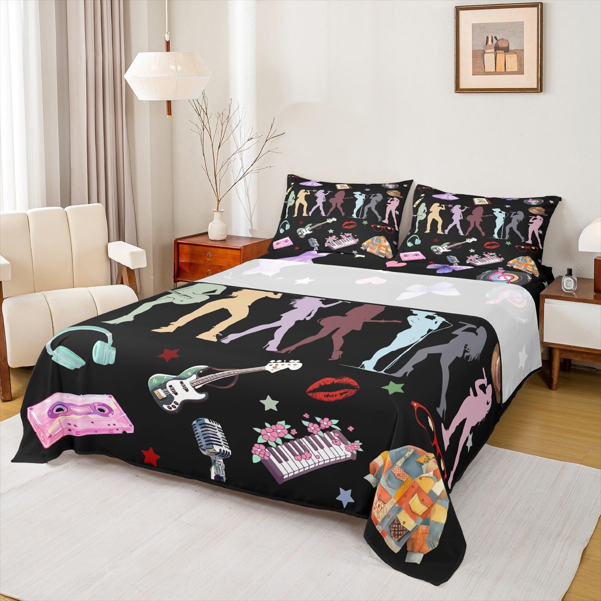Erosebridal Music Theme Bed Sheets King Girls Singer Sheet Set for Kids Boys Girls Black Musicl Aesthetics Sheets Music Lovers Gifts Fitted Flat Sheets 4 Piece