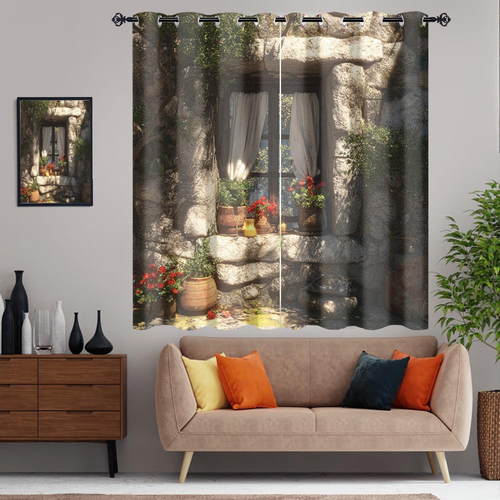 XSUPFLYM Beautiful Retro Spring Garden Window Perforated Curtains Romantic Retro Stone Wall Plant Flowers Pattern Thermal Curtains Suitable for Bedroom 2 Panels Each 21" W x 45" L
