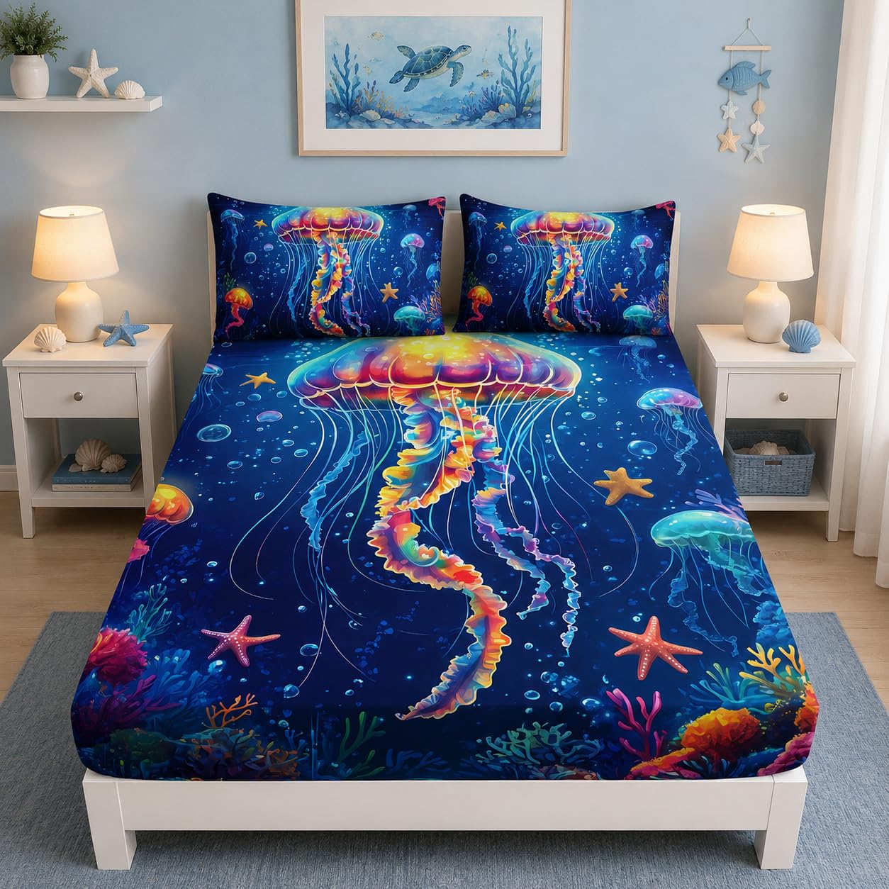 UEVBF Fantasy Jellyfish Fitted Sheet Twin Bedding Sets for Girls Kids Toddlers,Coral Starfish Ocean Theme Bedroom Decor,Blue Underwater World Bedding Sets,1 Fitted Sheet + 2 Pillowcases.