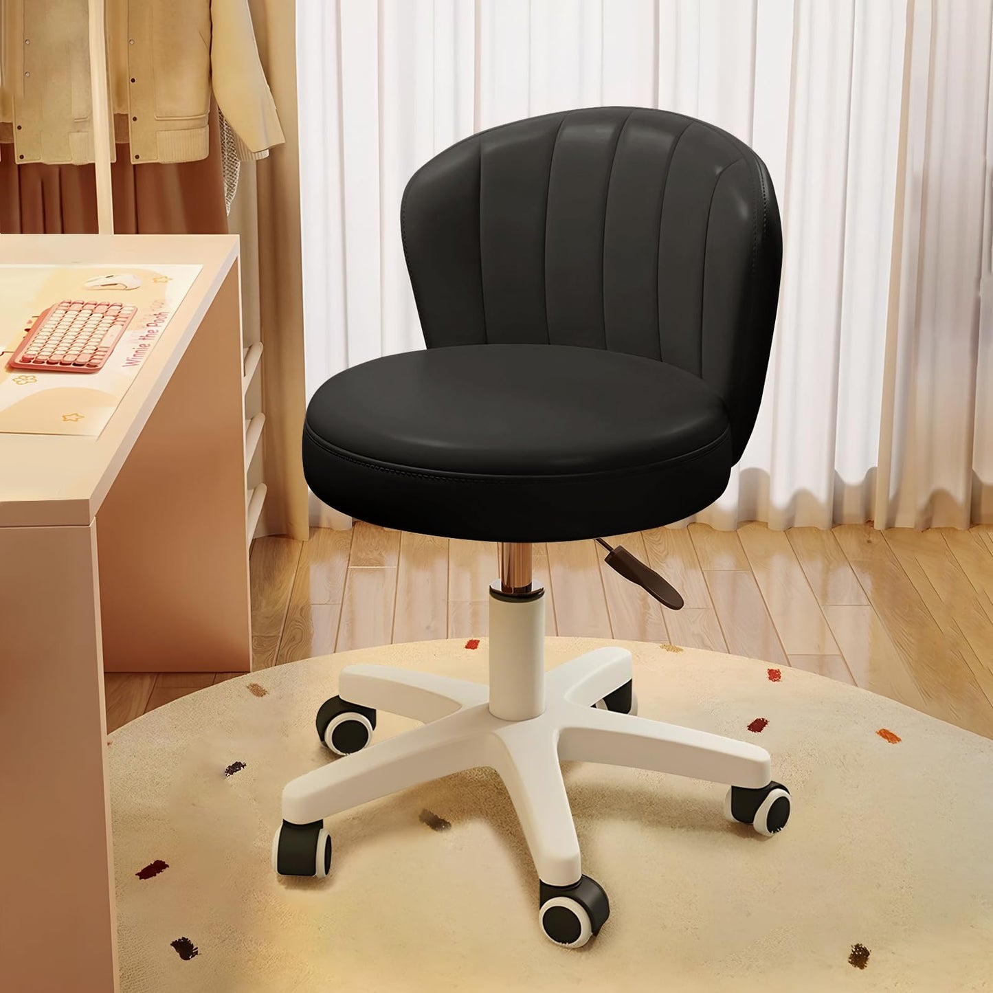 XUEGW Small Scallop Desk Chair with Back, Cute Armless Rolling Vanity Chair with PU Leather, Comfy Office Task Computer Chairs Height Adjustable for Bedroom