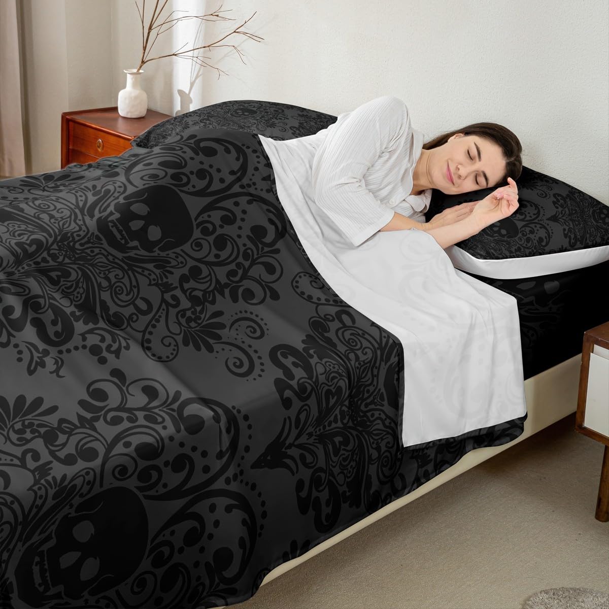 Feelyou Gothic Skull Bed Sheets Set Full Size Damask Print Bed Set for Kids Boys Girls Goth Bohemian Deep Pocket Fitted Sheet Dark Olive Green Breathable Soft Lightweight Microfiber