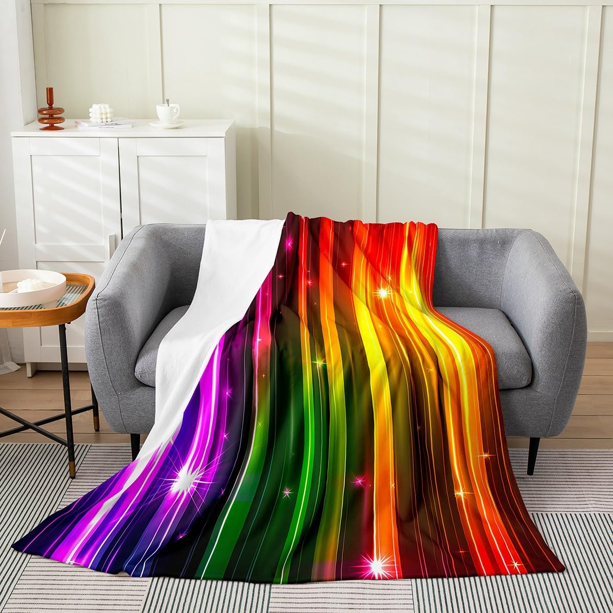 Erosebridal Galaxy Glitter Stars Blanket 40x50 Inch,Ombre Orange Green Throw Blanket,Neon Light Rainbow Striped Fleece Blanket Soft,Abstract Style Sherpa Blanket Warm