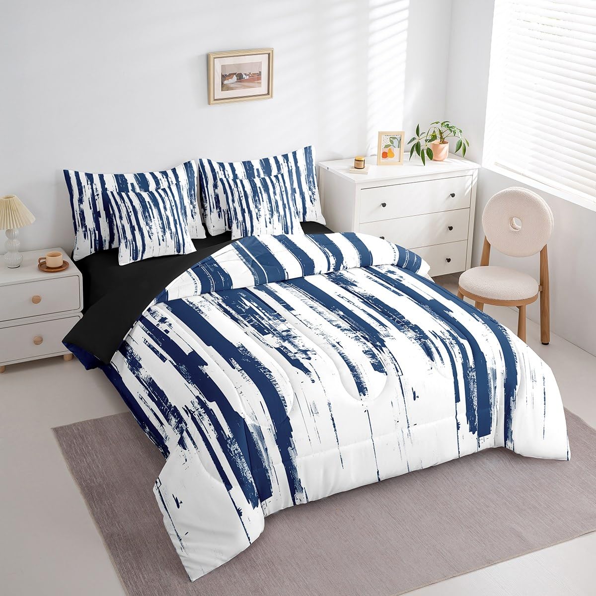 Erosebridal 7Pcs Navy Blue King Comforter Set,Teal Geometric Stripes Striped Abstract Bed in A Bag,Modern Art Aesthetic Quilt Set with Pillowcases,Watercolor Graffiti Ink Bedding with Bed Sheets