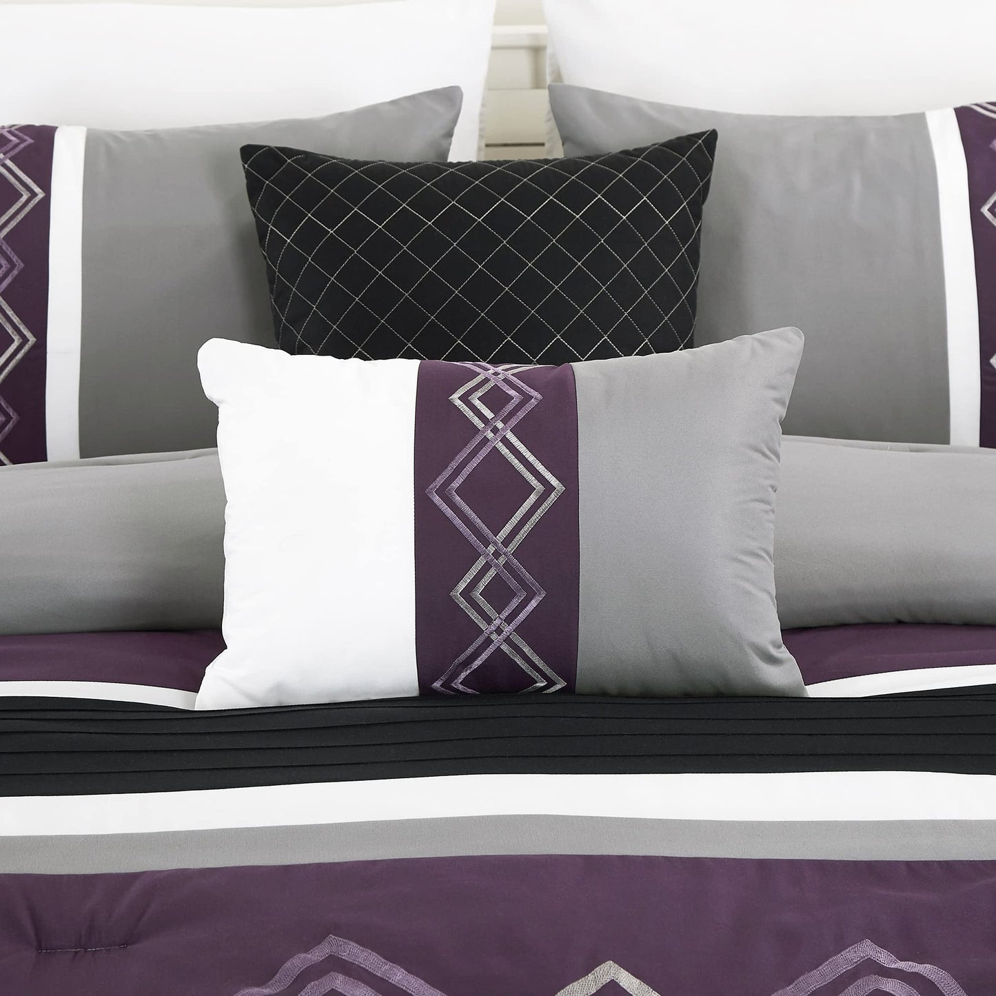 Chezmoi Collection Arden 7-Piece Modern Pleated Stripe Embroidered Zigzag Bedding Comforter Set (King, Purple/Black/Gray/White)