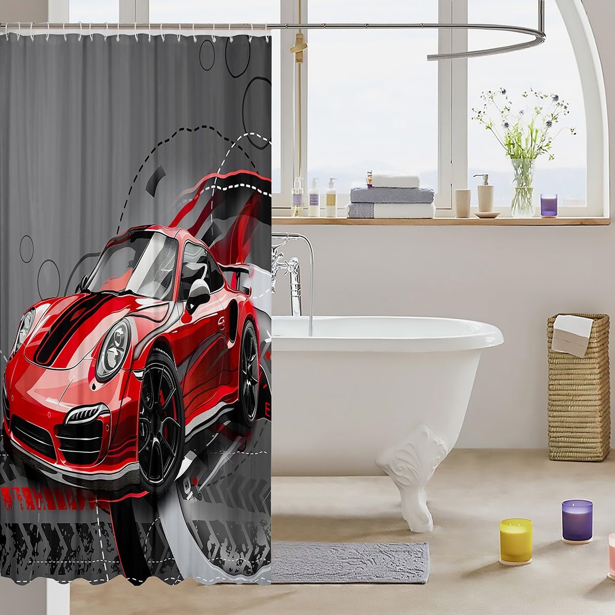 Red Race Car Fabric Bathroom Shower Curtain Sports Car Waterproof Shower Curtains Kids Boys Extreme Sport Gorgeous Shower Curtain Accessories with Hooks Speed Automobile Decor Curtains,72x72 Inches