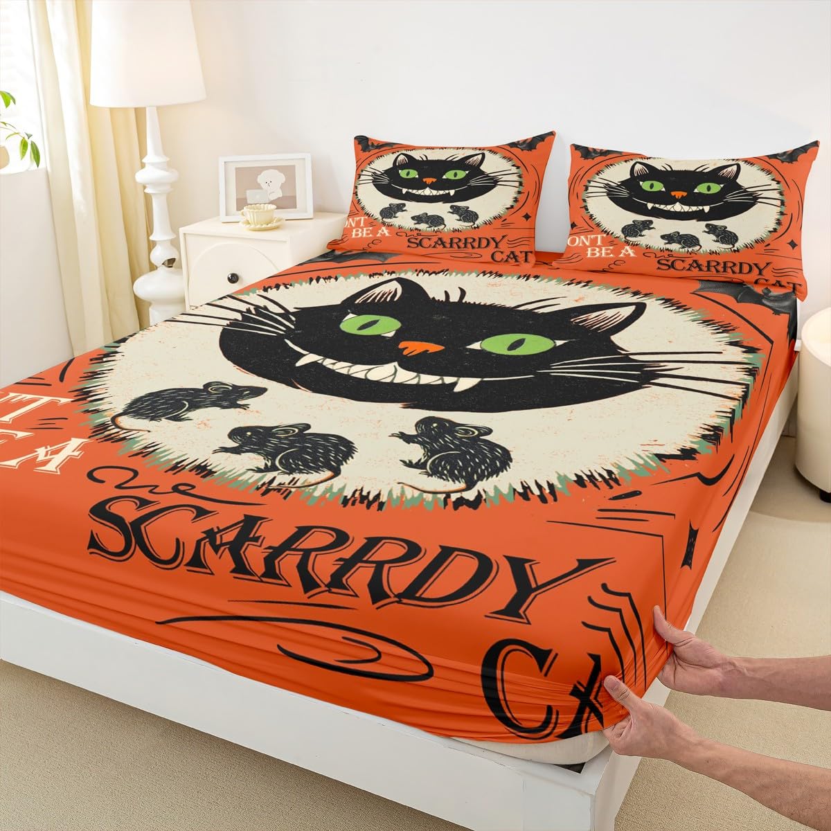Feelyou Kids Halloween Fitted Sheet Full Size, Horror Decor Bedding Set Black Cat Bed Sheet Set Boys Girls Happy Halloween Teens Bedroom Decor 3Pcs (No TOP Sheet)