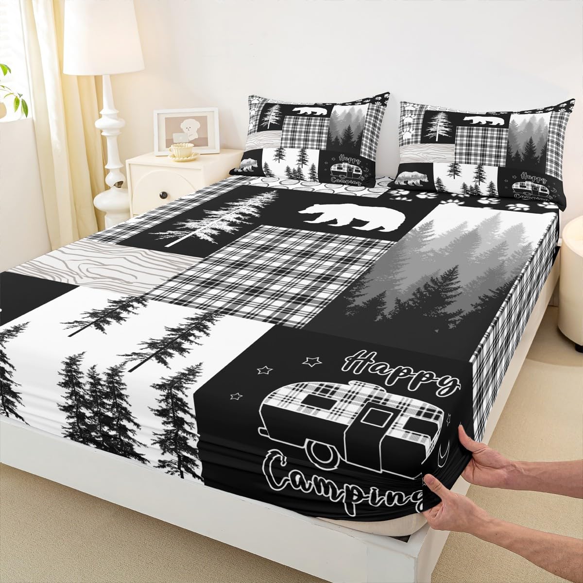 Bear Sheet Set Queen Size,Wildlife Hunting Woodland Rustic Cabin Bed Sheets for Boys Girls Kids Adult,Camping Adventure Geometric Plaid Patchwork Fitted Sheet,Xmas Pine Tree Sheets Gray Black