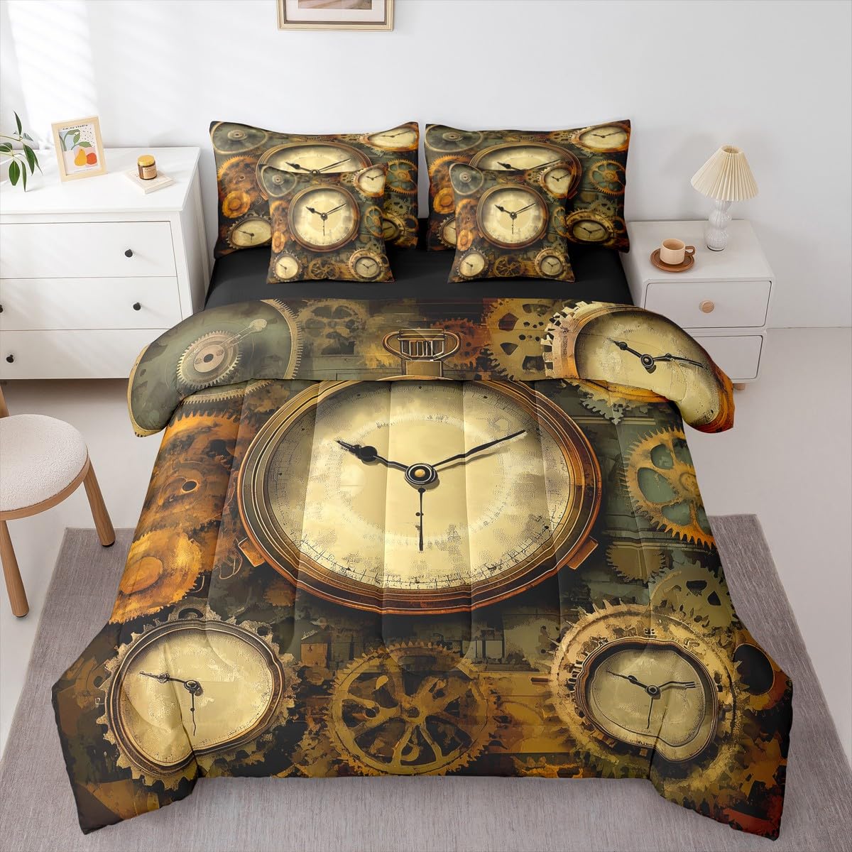 Erosebridal Ndustrial Gear 7 Pcs Bedding Set Queen Steampunk Style Comforter Set with Sheets Clocks Theme Bed in A Bag Mechanical Device Retro Brown Bedroom Decor
