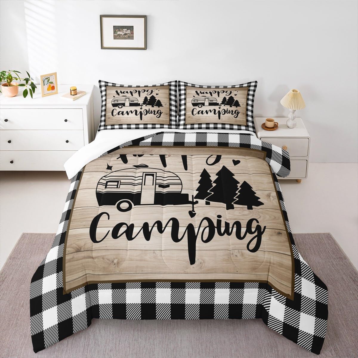 Grid Camper Comforter Set Queen Size for Kids Teens Adults Home Room Decor,Brown Rustic Farmhouse Barn Bedding Set 3pcs,Cartoon RV Trailer Pine Quilt Set Happy Camping Duvet Insert,2 Pillowcases