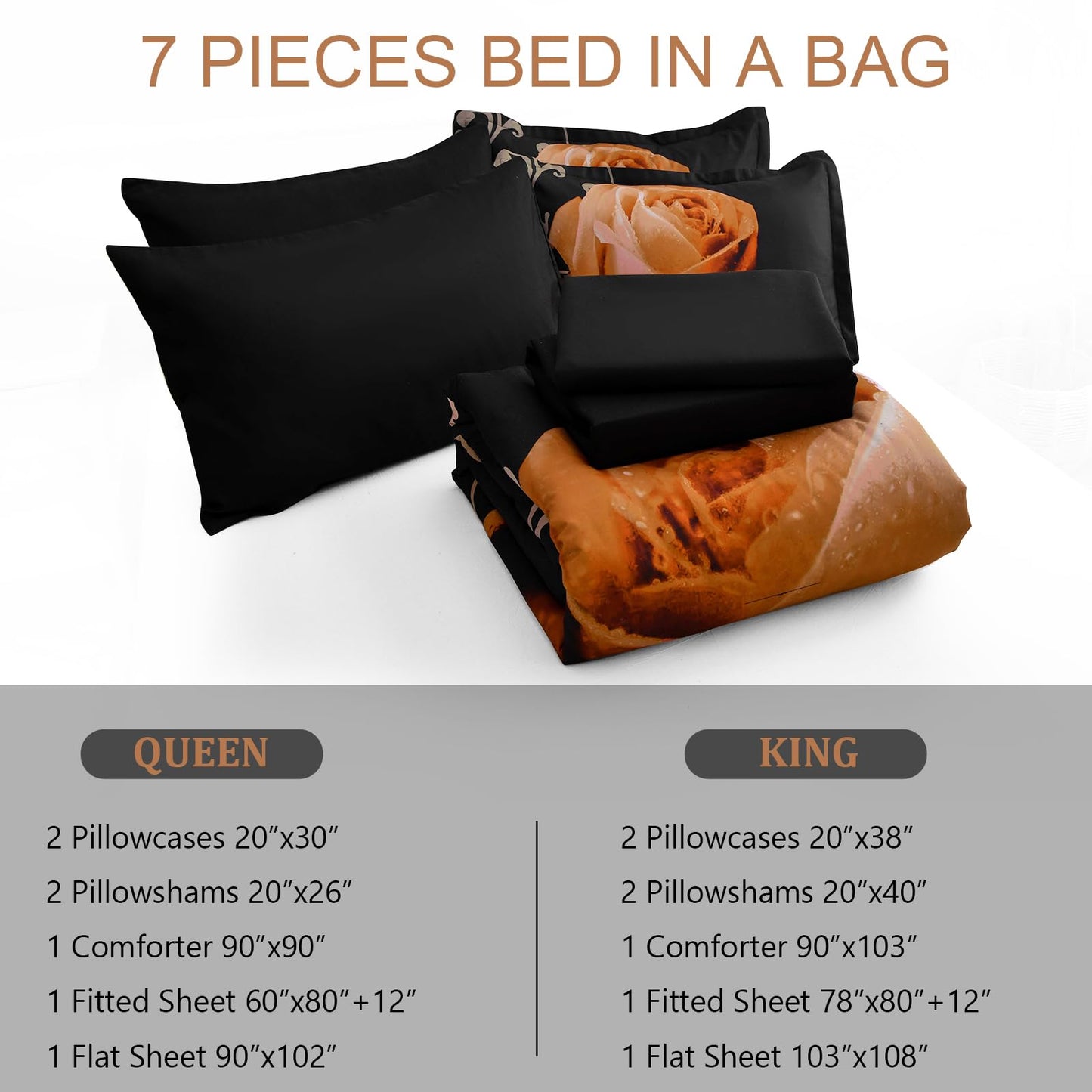 Xruibed Floral Comforter Set King 7 Piece Bed in a Bag Orange Rose Flower Comforter with Sheet Set Soft Micorfiber Bedding Set (1 Comforter,2 Pillow Shams,1 Flat Sheet,1 Fitted Sheet,2 Pillowcases)