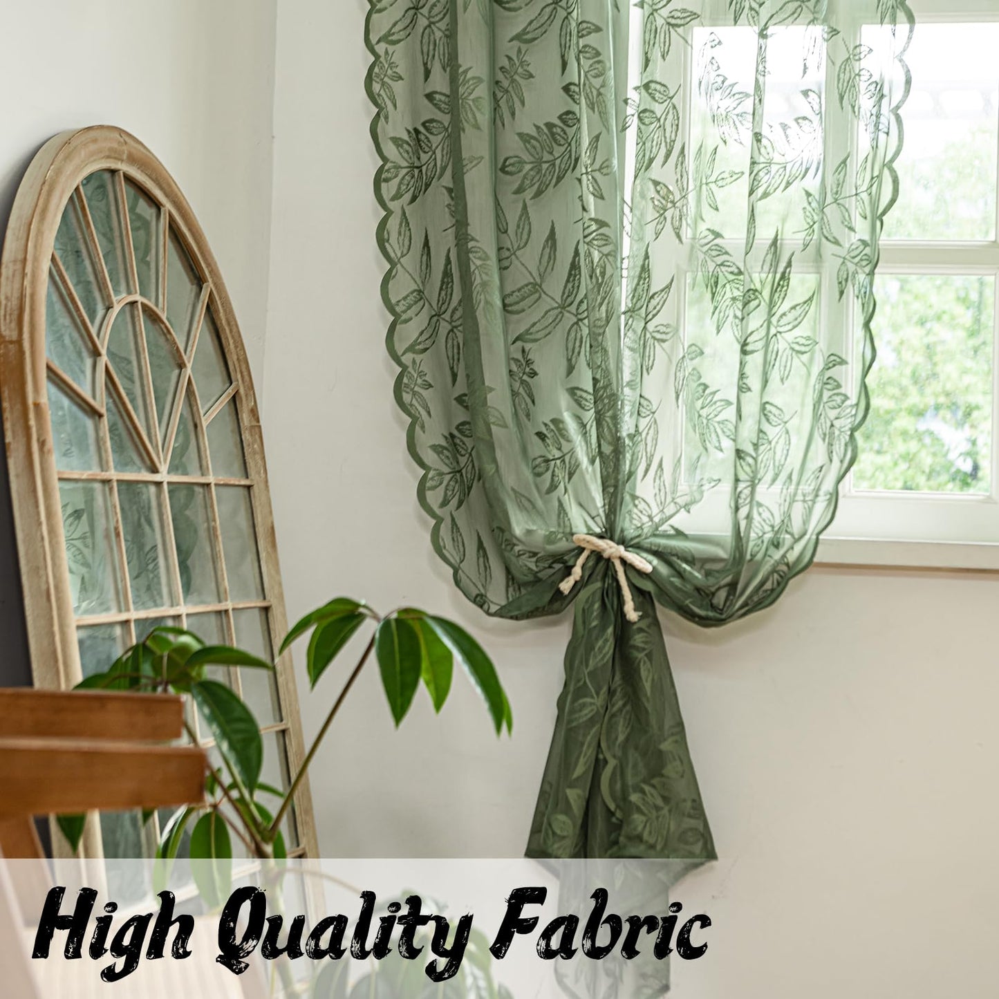 Sutuo Home Olive Green Lace Curtains 84 Inches Long for Bedroom Living Room, Leaf Embroidery Window Sheer Drapes Pair, Rod Pocket Vintage Country Window Treatments Set of 2 Panels, 57" W x 84" L
