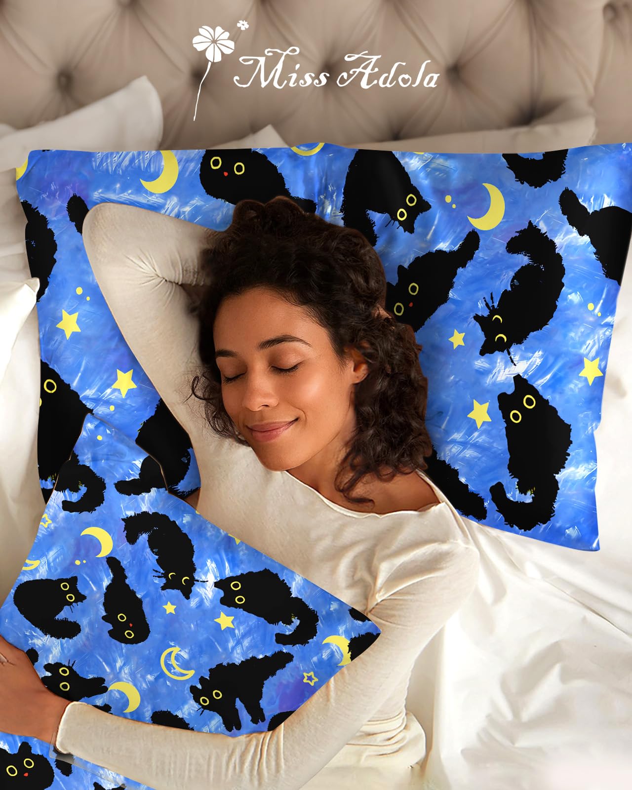 Miss Adola Silk Pillowcase 2 Pack - Cute Pillow Cases 20" x 26" Standard Size Set of 2 for Hair and Skin Smooth Soft Breathable with Hidden Zipper Cooling Pillow Covers for Sleeping, Blue Moon Cat